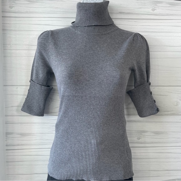 Miley Cyrus & Max Azria Sweaters - Gray Knit Turtleneck Short-Sleeve with Buttons.